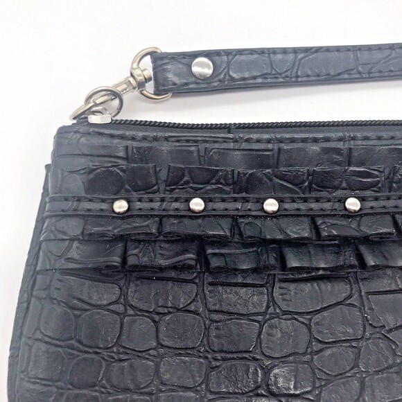 Steve Madden Black Croc Embossed Faux Leather Zip Close Ruffled Wallet Wristlet - Picture 2 of 9